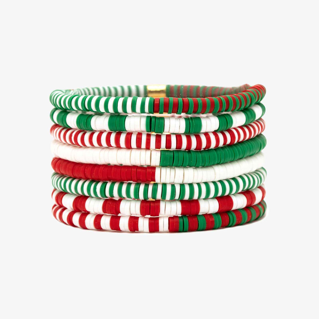 Red Green & White Stretch Bracelet Set of 8
