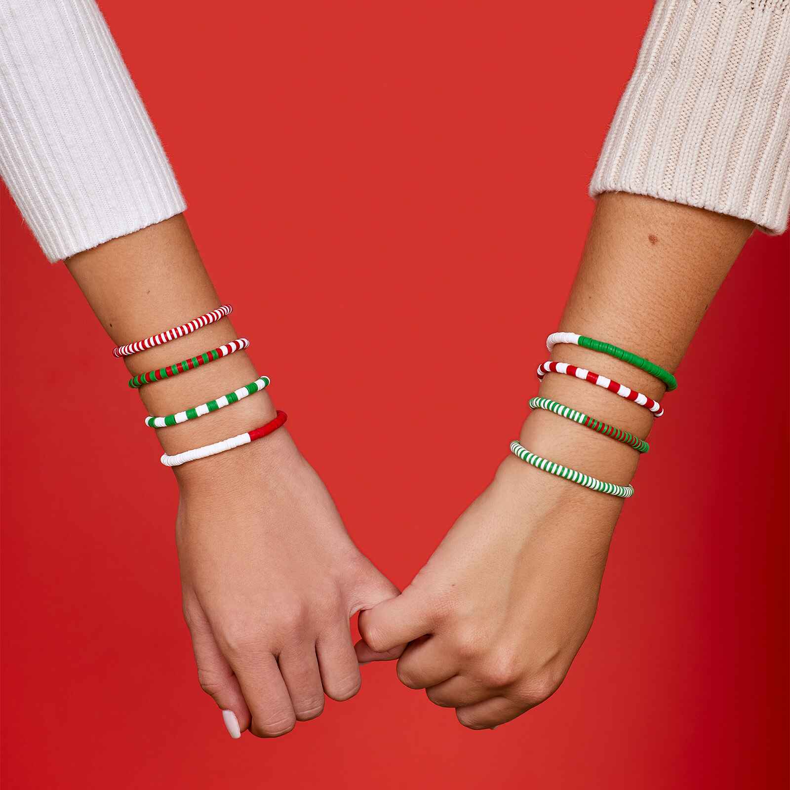 Red Green & White Stretch Bracelet Set of 8