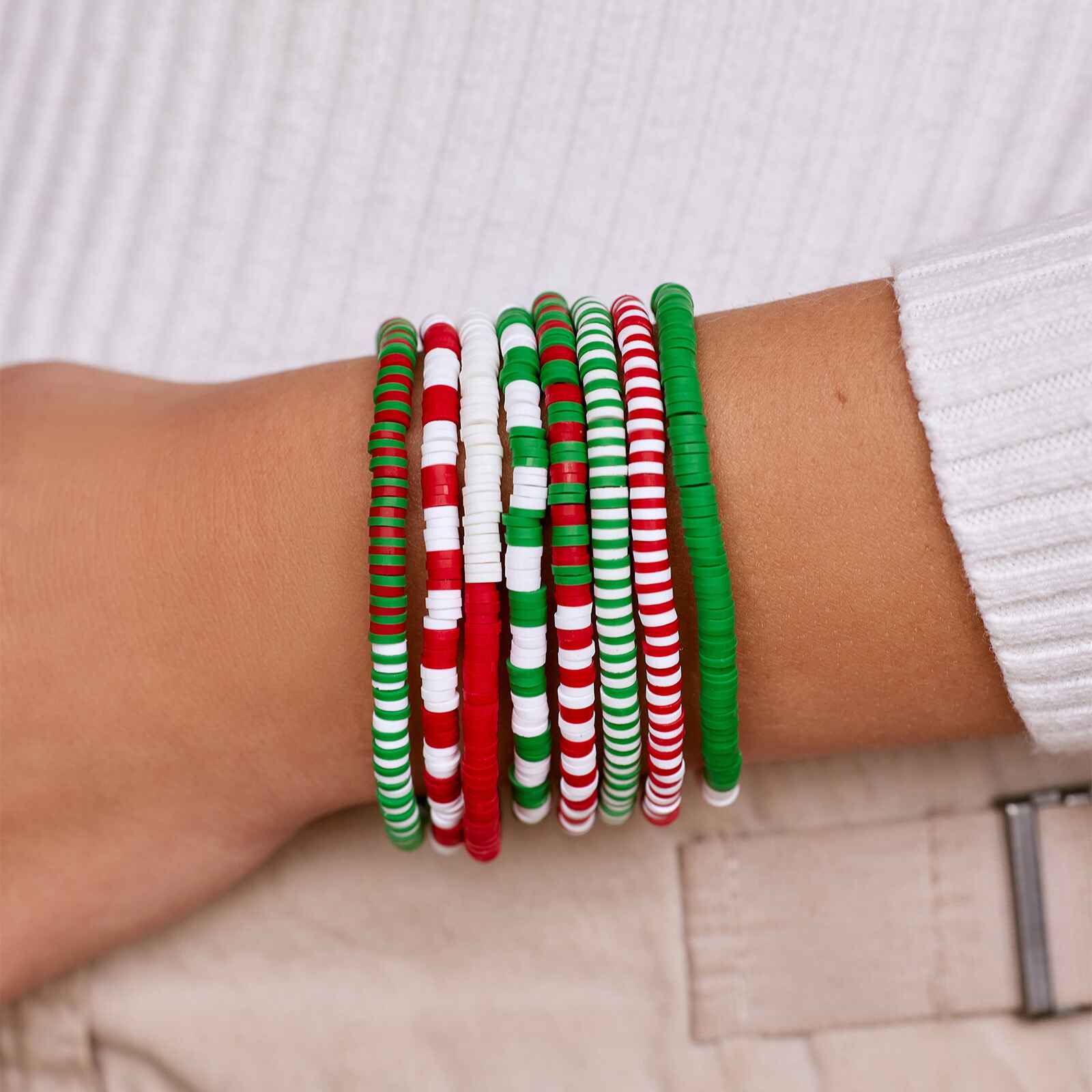 Red Green & White Stretch Bracelet Set of 8