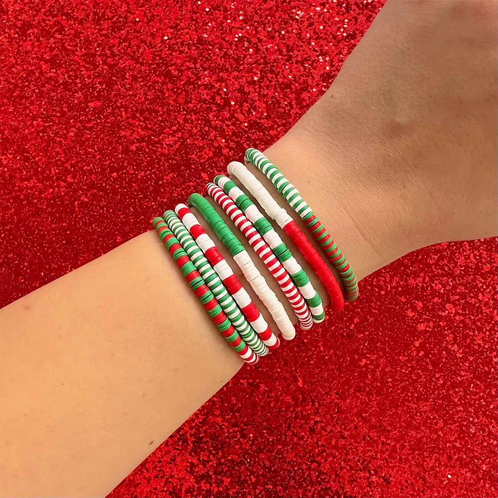 Red Green & White Stretch Bracelet Set of 8