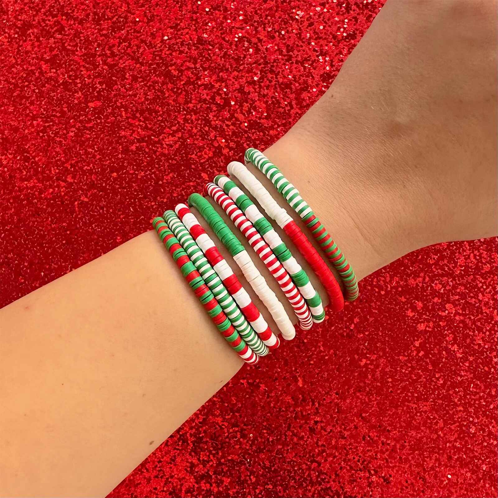 Red Green & White Stretch Bracelet Set of 8